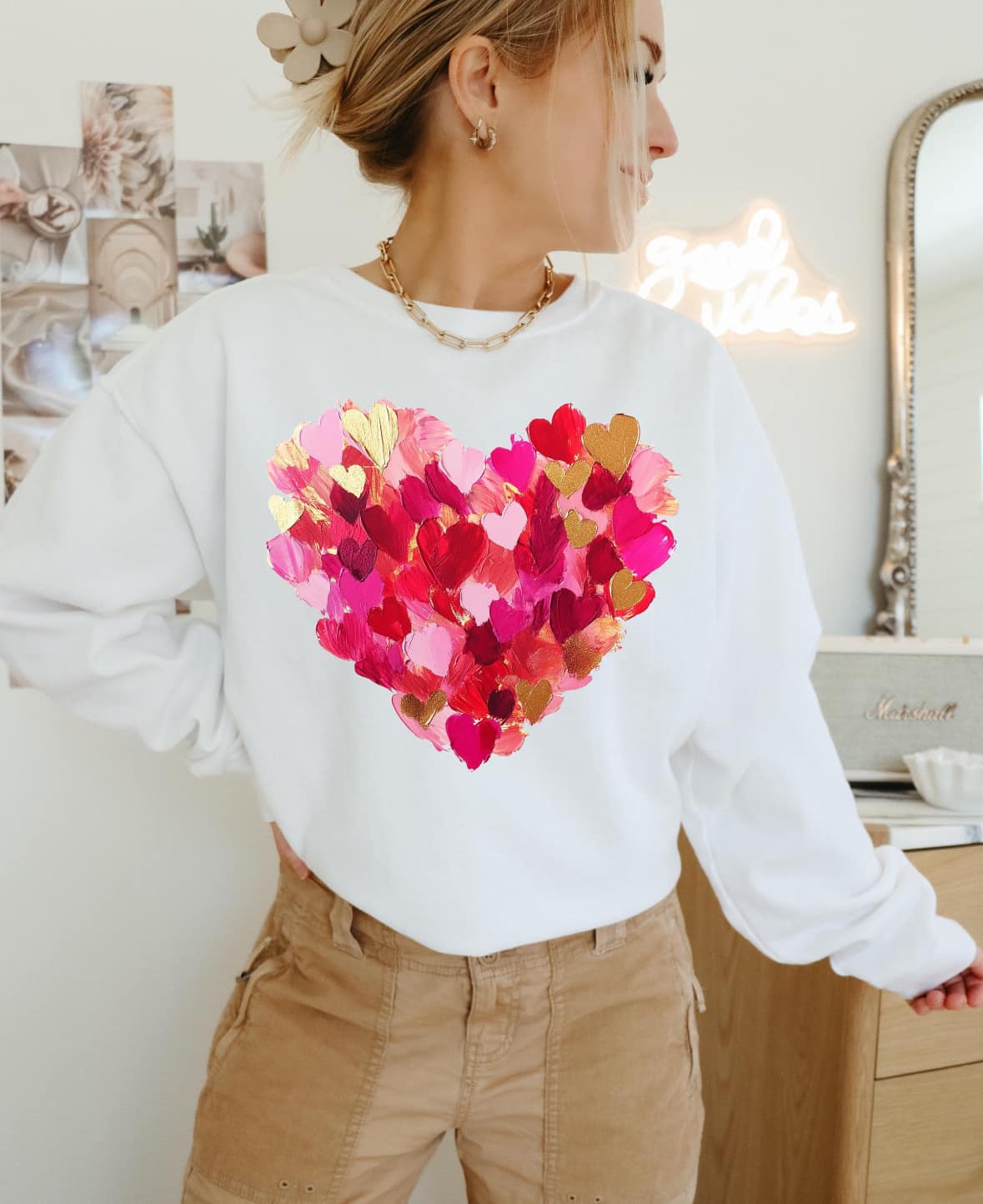 Pink & Gold Paint streak heart tee & sweatshirt