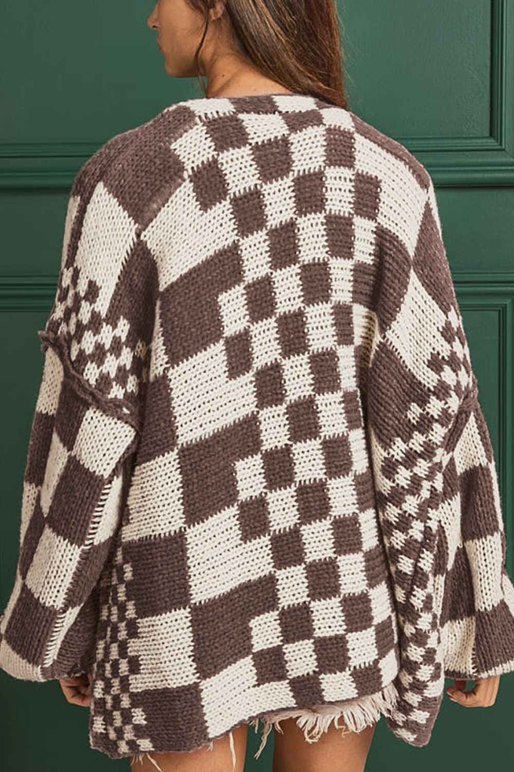 Checkered Open Front Long Sleeve Cardigan