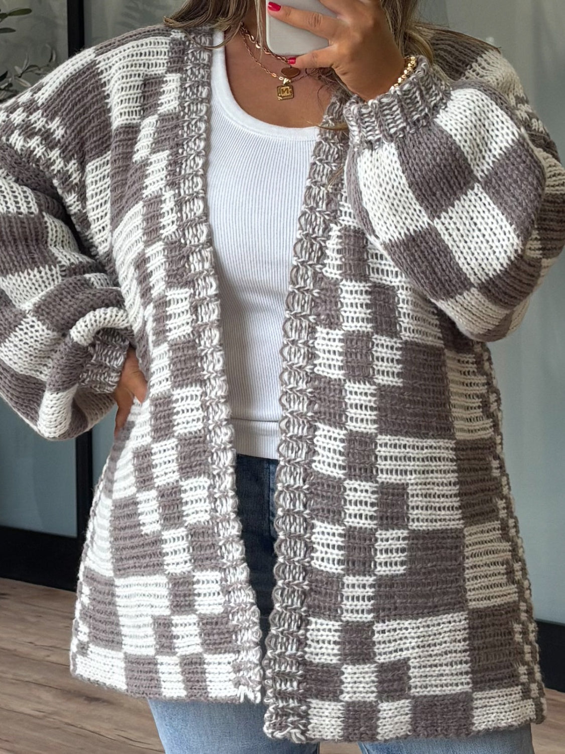 Checkered Open Front Long Sleeve Cardigan