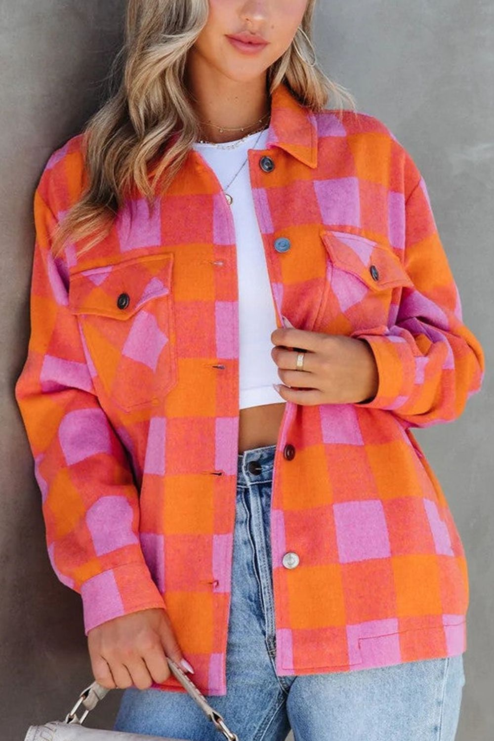 Plaid Collared Neck Button Up Jacket